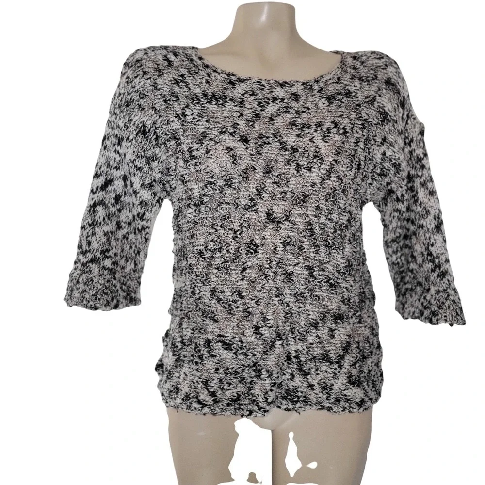 EILEEN FISHER Black White Gold Speckled Knit Sweater Top XS 3/4 Sleeve luxury‎